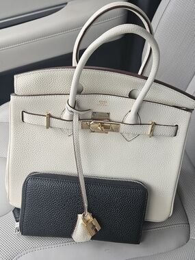 Pebbled Leather Satchel with Black Zip Wallet - White